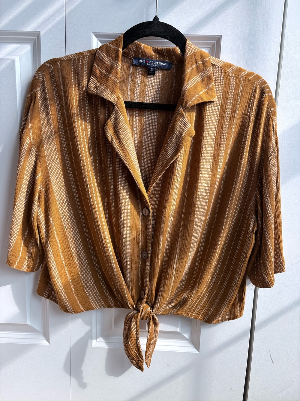 Mustard/Marigold Striped Tie-Front Cropped Button Shirt, Women’s Size S